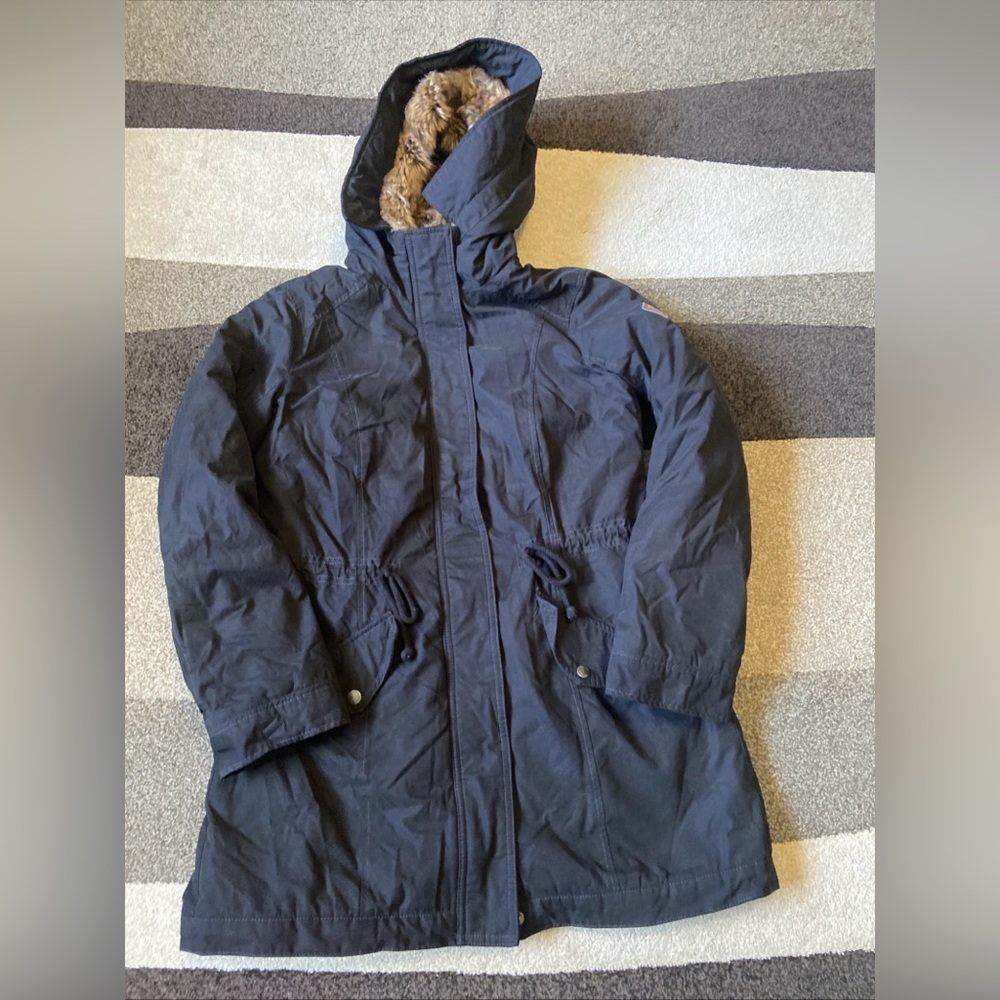 Hollister Black Sz L Long Women’s Black Coat Faux Fur Hood